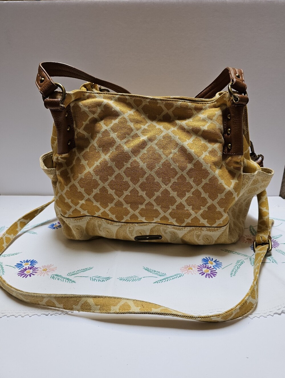 Lucky Brand Yellow Patterned Shoulder/Cross Body Bag with Brown Accents